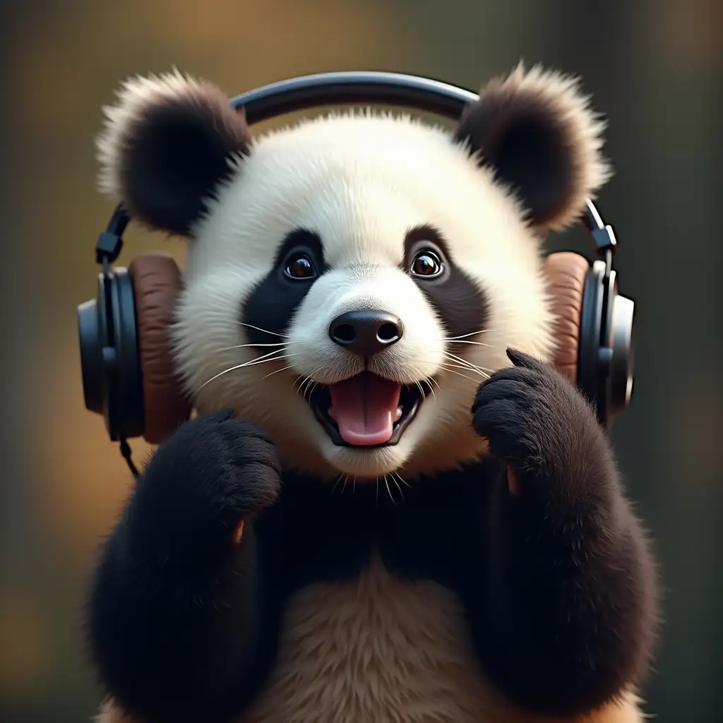 I want a picture of a panda enjoying music while wearing headphones