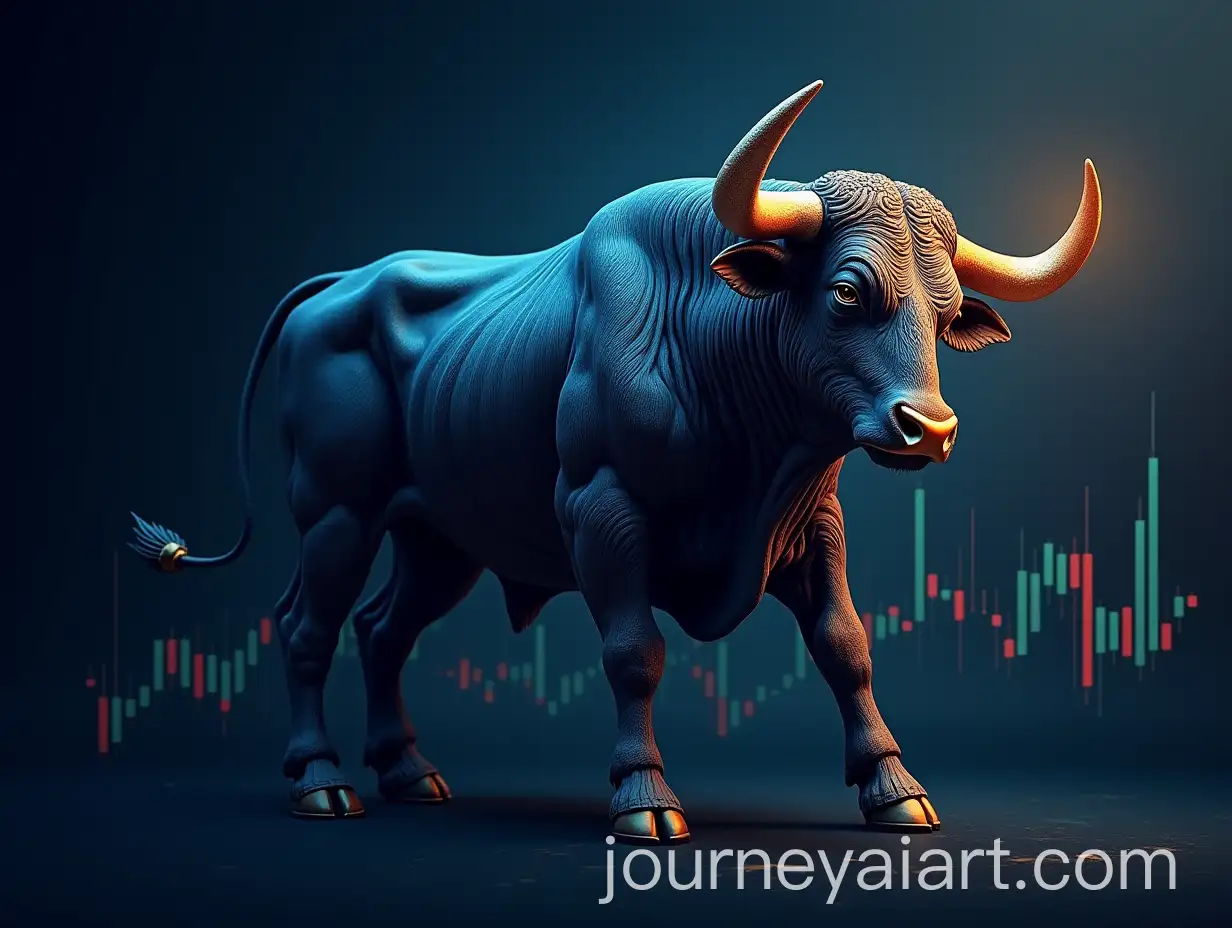 Aggressive-Bull-with-Stock-Market-Charts-in-Blue-and-Gold-Colors