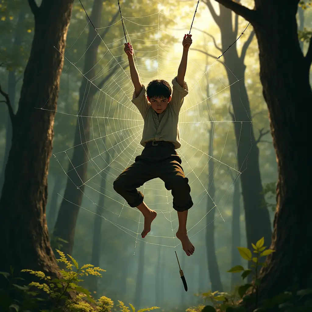 A young sixteen-year-old european femboy (femboy - is a boy with some girlish facial features, short hair and a rather girlish body shape, but not with female breasts and wearing boyish clothes) with short black hair, visible ears and face similar to a young Winona Rider. This femboy hanging in a spider's web. A huge spider web fills the entire surface of the picture. Femboy is head down, that is, hanging upside down and with his face turned towards the viewer of the picture. Between the trees is lot of other spider webs and this femboy try to reaches for a small object (a knife) on the ground, which it cannot reach. He is dressed in a medieval fantasy peasant boy costume is caught in a giant spider web in the forest, hanging caught in a spider's web like a fly, about three feet above the ground. A spider web takes all space and is not just a few threads, but a complex, very dense and symmetrical structure of threads, covered with sticky drops that reflect light from sun, like in the orb weaver spider. The threads of the spider web shimmer in the sunlight as if covered with dewdrops. Photorealistic style.