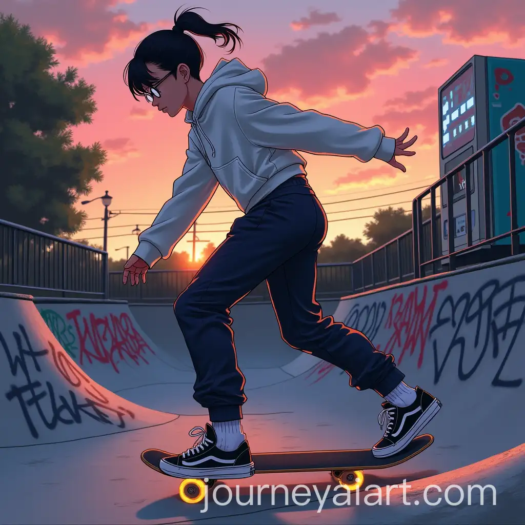 AnimeInspired-Skater-Gliding-in-Urban-Skatepark-at-Dusk-with-Graffiti-Walls