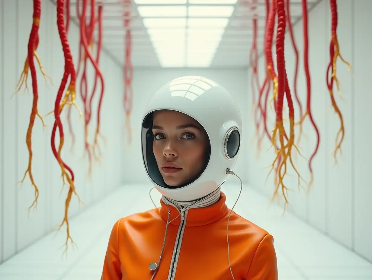 A white room, water is at the ceiling, red porcelain roots grow from the floor up to the ceiling, golden porcelain veins hang from the white wall down, a woman with a white porcelain helmet, round glass windows at the eyes, brown skin, with wiring, she has an orange spacesuit