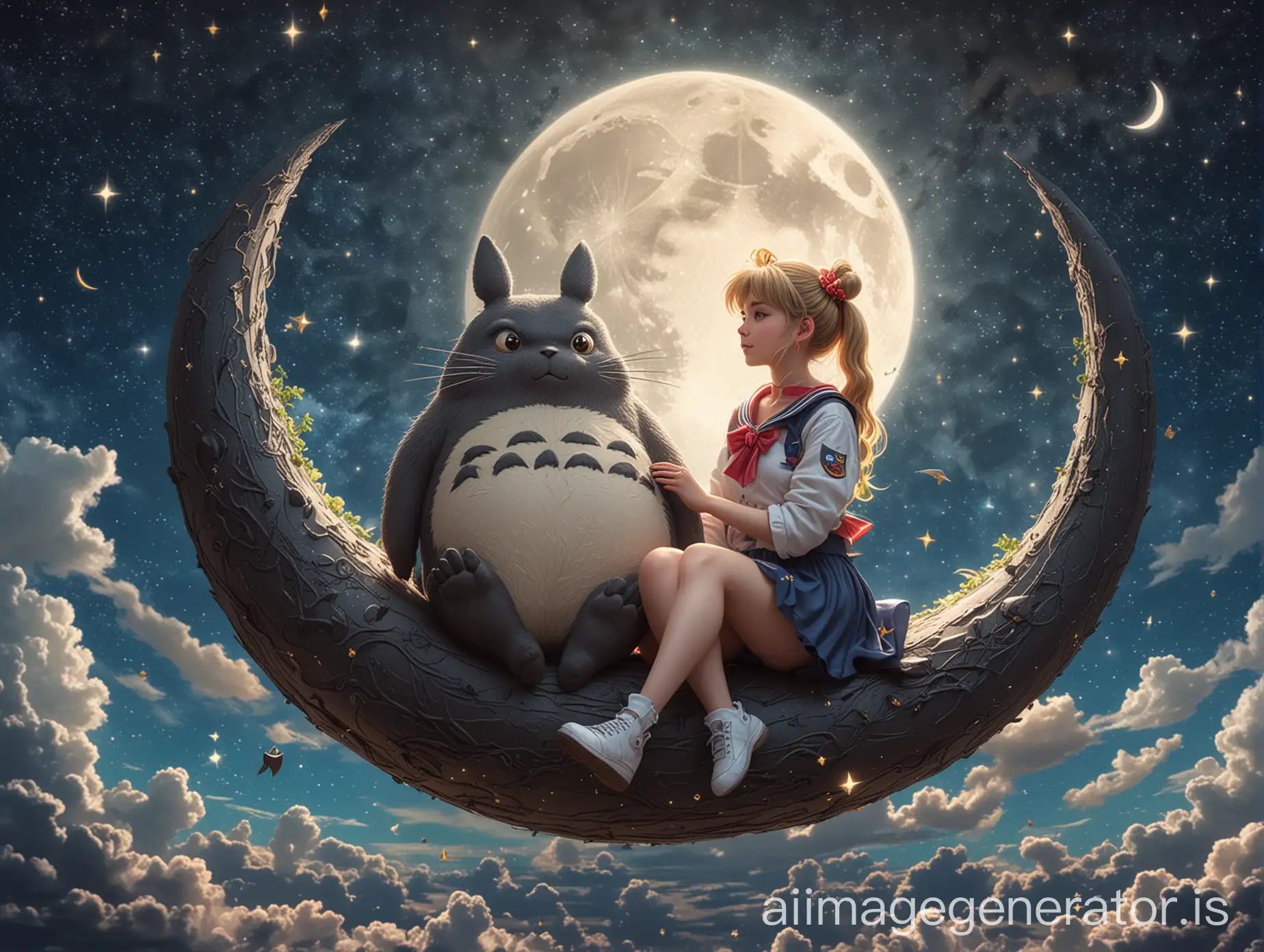 manga style, super realistic Sailor Moon in sitting on a crescent moon in the sky with a Totoro on her lap, starry skies concept art, Detailed Painting, Digital Illustration,, 32k maximalist, hyperdetailed fantasy art, 3d digital art, sharp focus, masterpiece, fine art