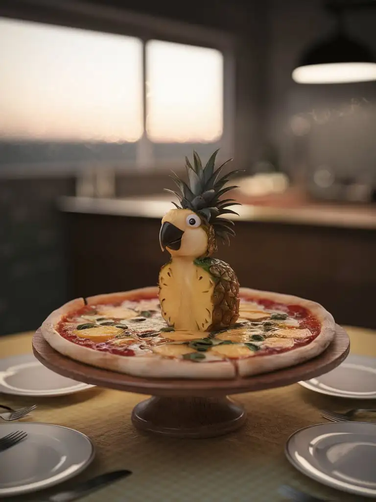 soft focus, macro photography, garden with subtle golden hour sunset bokeh backdrop, low depth of field, entirely made of pineapple-slice-parrot-shaped sitting on pizza, pizza on wooden serving board on a kitchen table, diner background