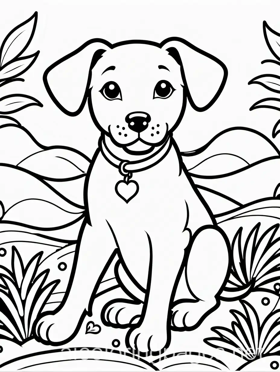 dog, Coloring Page, black and white, line art, white background, Simplicity, Ample White Space. The background of the coloring page is plain white to make it easy for young children to color within the lines. The outlines of all the subjects are easy to distinguish, making it simple for kids to color without too much difficulty