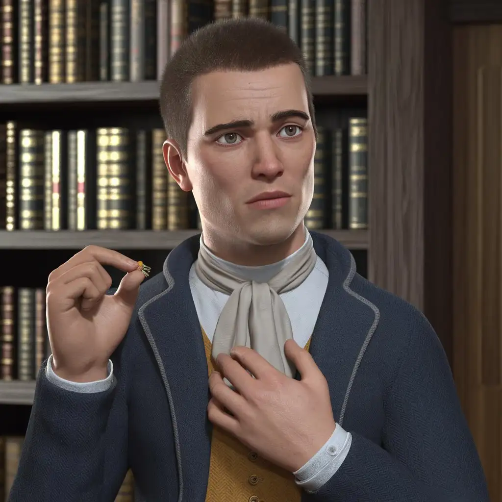 a realistic young man, in clothing, 25 years old with a questioning face, with short hair, holding a small pin in his hands against a background of 3d books