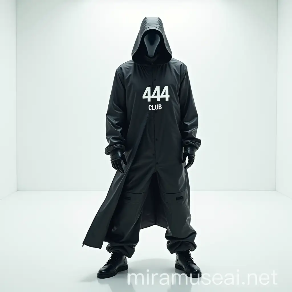 Futuristic Cyberdemon in 444CLUB Suit Standing in White Room