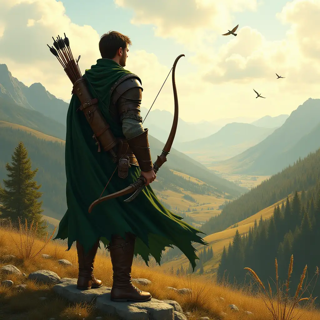 Artwork of an adventurer in a medieval fantasy world. The character stands amidst a vast, wild landscape of rolling hills, dense forests, and distant mountains. The camera is positioned far enough to capture both the adventurer and the sweeping expanse of wilderness. Birds are flying in the sky. The character wears rugged leather armor and a dark green, flowing cape that billows in the wind. A finely crafted bow and a full quiver of arrows are secured on their back, clearly separated from other gear. At their waist, a small but deadly dagger hangs from a leather belt. The scene is bathed in the warm, golden light of a setting sun, casting long shadows and highlighting the sense of grandeur and adventure. Ensure the elements are distinct and do not overlap unnaturally, with all details clear and harmonious.