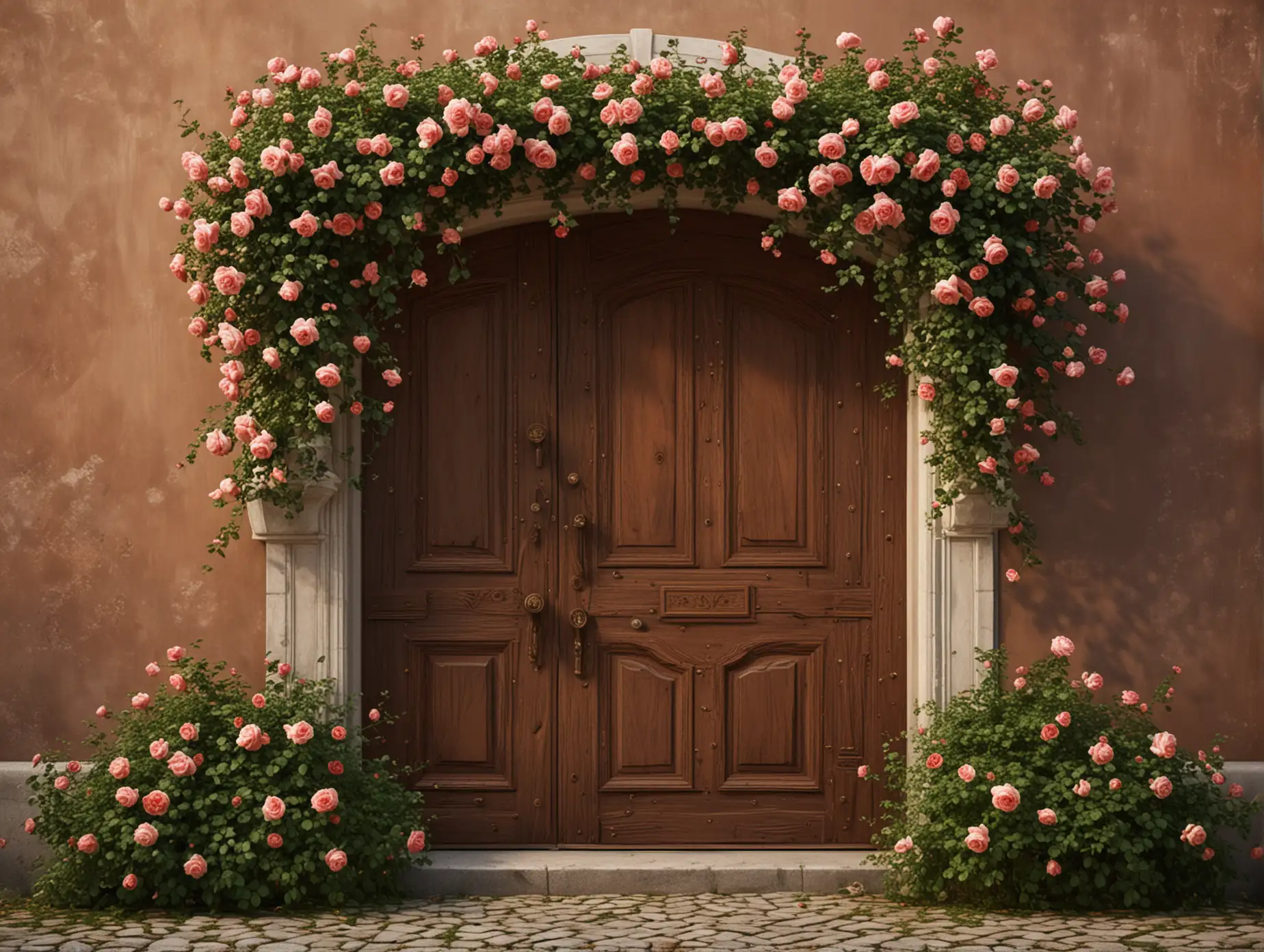 Romantic Rose Bushes Surrounding Old European Door