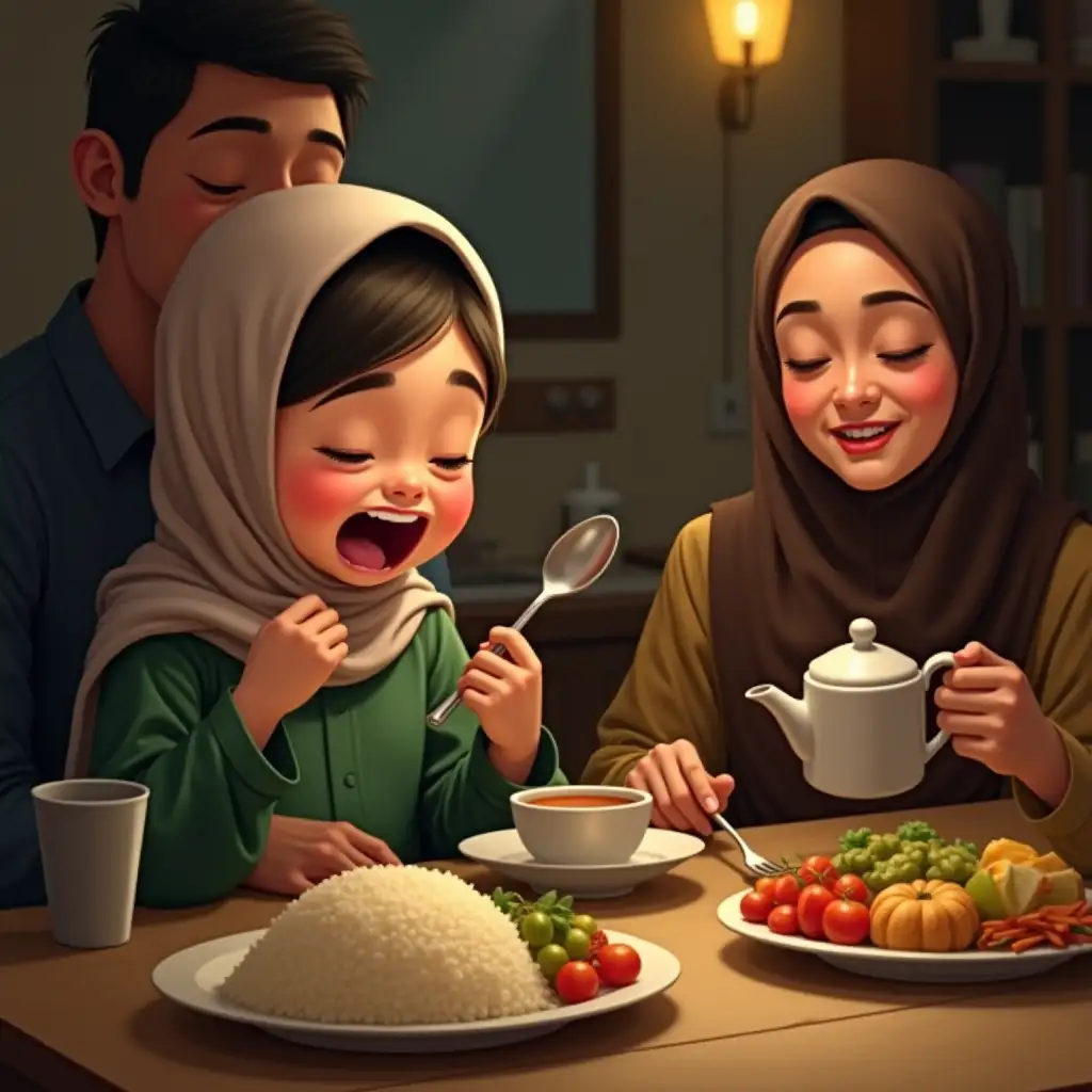 A seven year old girl named Aisyah, wearing a hijab and a green dress, yawns while holding a spoon. Her father smiles and her mother is pouring hot tea. There is a plate of rice, vegetables, and a glass of water in front of her. Her parents are sitting next to her, ready to eat suhoor. The background shows a warm kitchen with the light on.