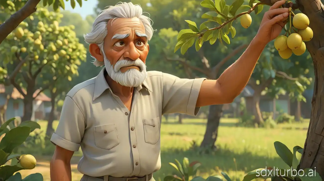 A heartwarming 3D cartoon-style illustration of an old Indian grandfather standing under a guava tree. The old man has white hair and a long white beard, wearing a light grey short-sleeve shirt and shorts. He looks emotional, gently scratching his head while leaning against the guava tree. The tree is full of ripe green and yellow guavas with lush green leaves, in soft morning sunlight. The atmosphere is calm, nostalgic, and peaceful, with a warm rural village background, soft painterly lighting, and a Pixar/Disney 3D animated style.
