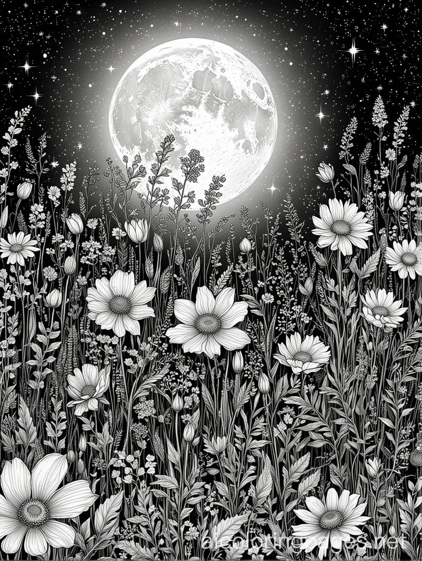 a beautiful field of wildflowers in the moonlight with some extreme closeup of some big fat flowers on a clear starry night outlines only, Coloring Page, black and white, line art, white background, Simplicity, Ample White Space. The background of the coloring page is plain white to make it easy for young children to color within the lines. The outlines of all the subjects are easy to distinguish, making it simple for kids to color without too much difficulty
