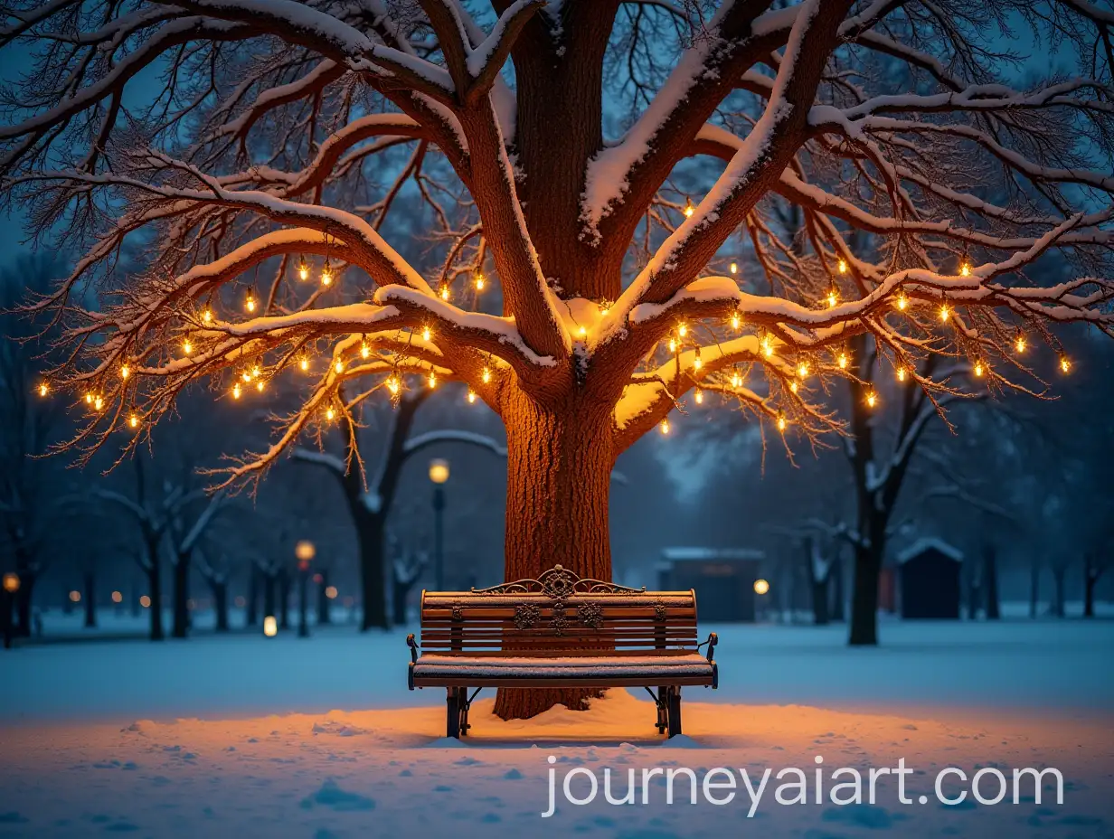 Cozy-Winter-Scene-A-Snowy-Bench-Beneath-a-Christmas-Tree