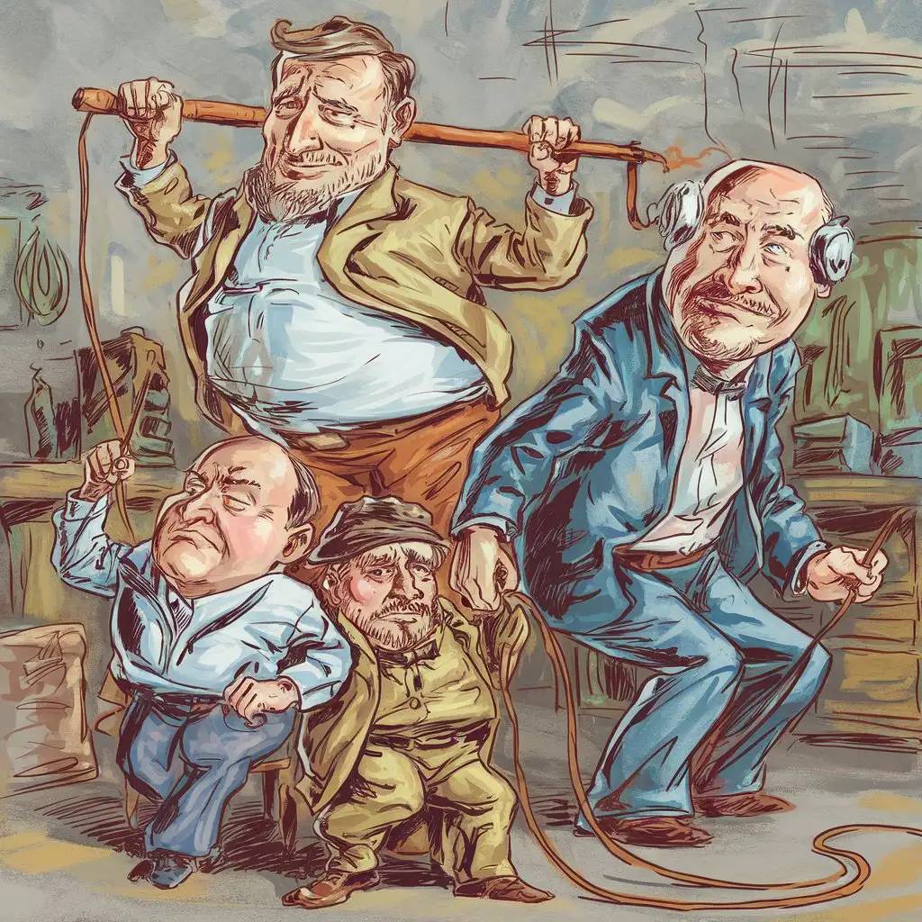 Ivan's father punishes with a rod, Oleg's ancestors punish with a belt, And Boris's father connects to the current - his father is an electrician. Full kringe, humorous sketch, caricature, drawing with colored caradashes