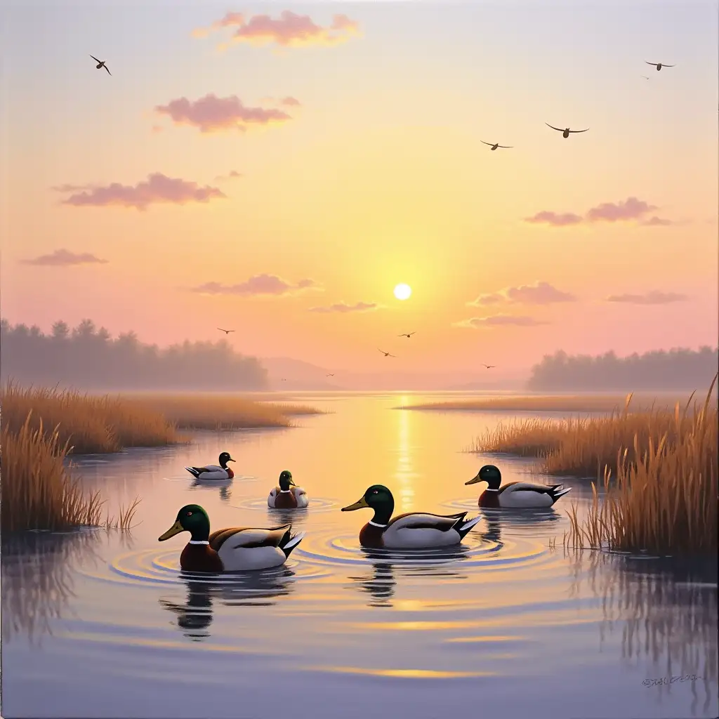 Jim Killen Style Painting Mallard Ducks Settling into Marsh at Sunset