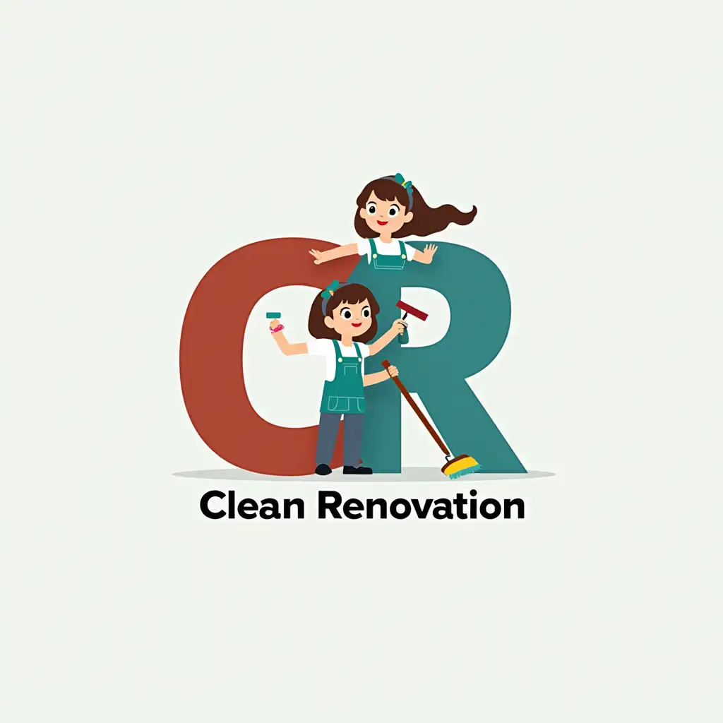 Create a logo where the letters C and R are visible, clean renovation, with two different girls in the background, one girl holding a paint roller and the other holding a broom