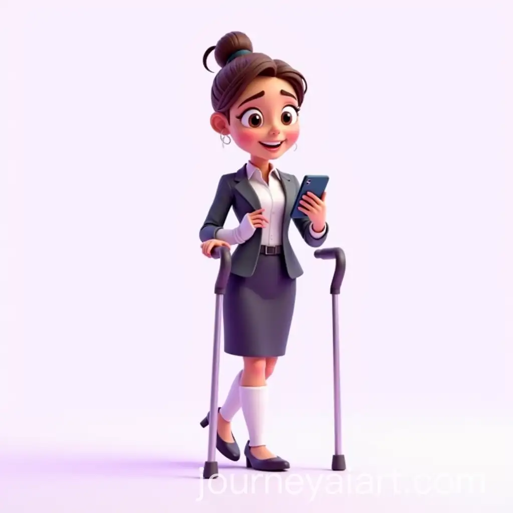 Confident-Female-Office-Worker-with-Cast-Leg-Using-Smartphone