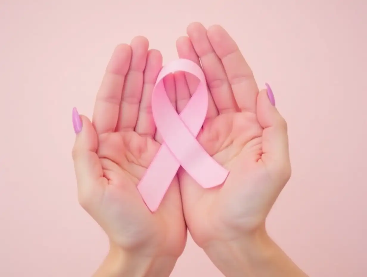 Female hands with pink ribbon on light background. Breast cancer awareness concept