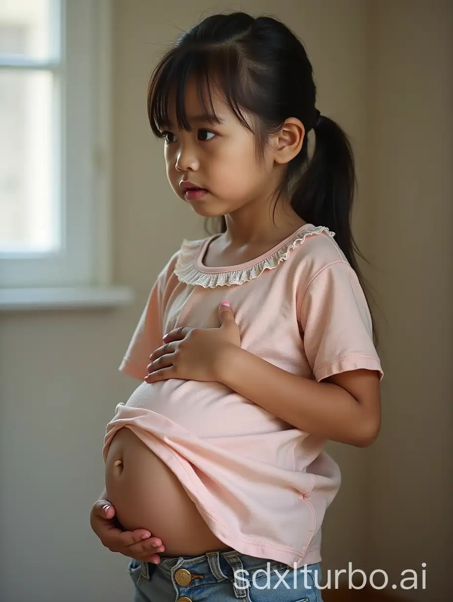 Worried-Young-Asian-Schoolgirl-in-6th-Grade-with-a-Large-Belly