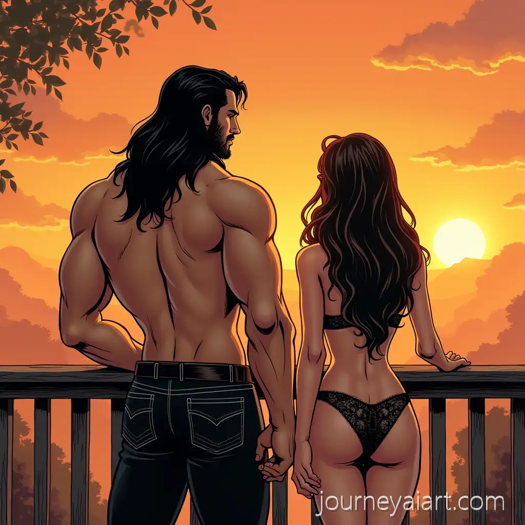 Muscular-Man-and-Woman-Watching-Sunset-on-Balcony-in-Western-Comic-Style
