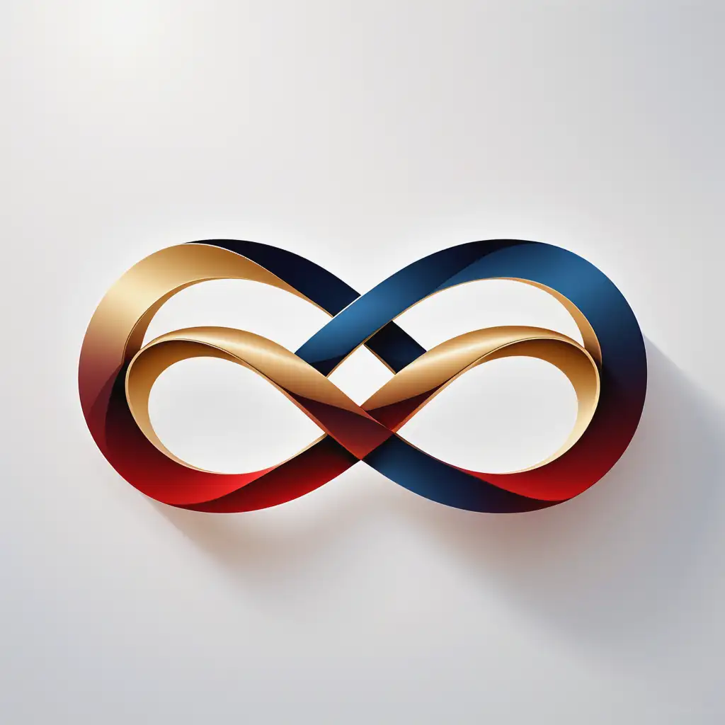 Create a sleek and modern infinity symbol should form the central foundation of the design, symbolizing limitless possibilities and connection. blending into the curves to create a unified and harmonious aesthetic. Use a gradient color scheme with shades of gold, red, and deep blue to evoke sophistication, stability, and energy. Ensure the overall style is clean, minimalistic, and futuristic. Use a white background.