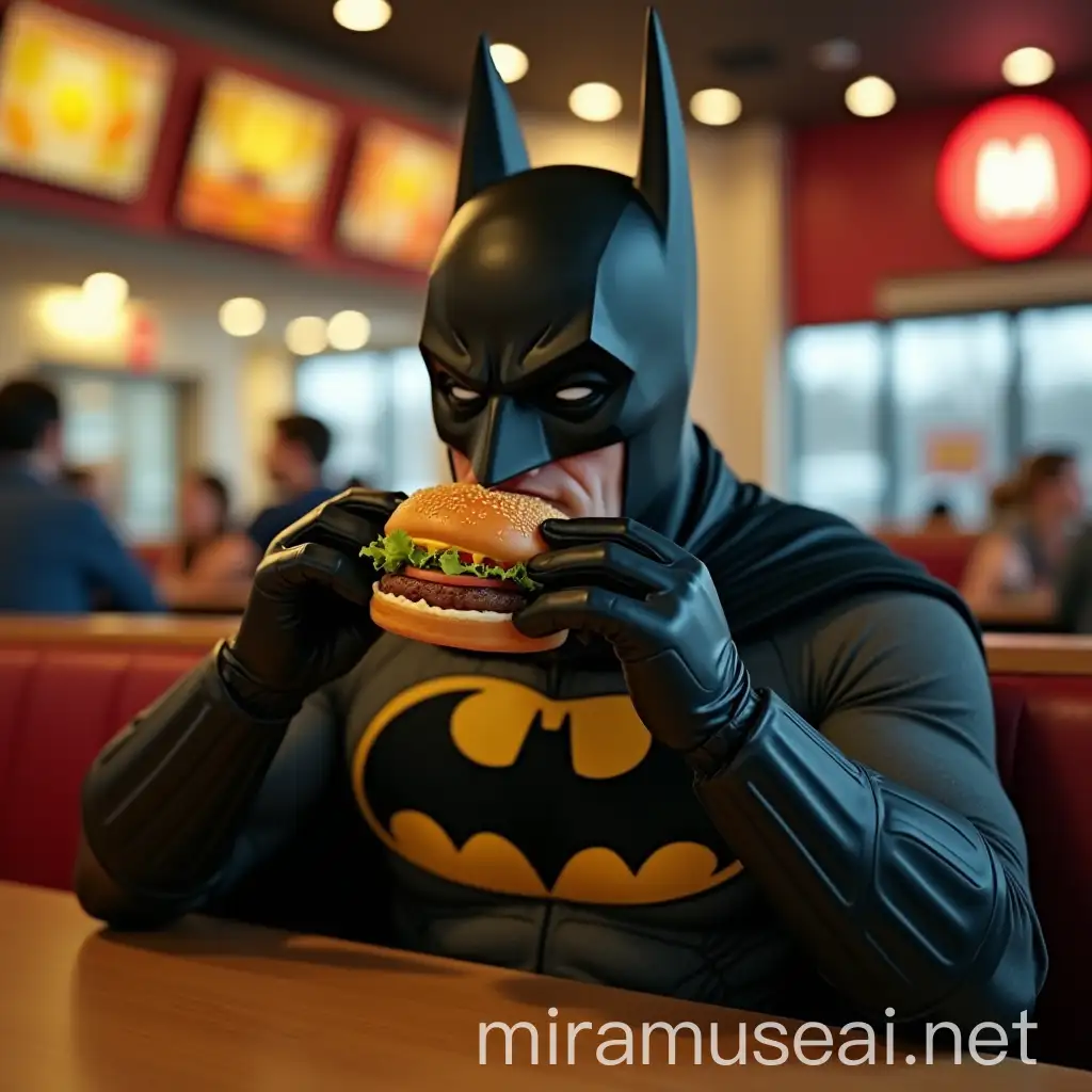 Batman Eating Cheeseburger in McDonalds