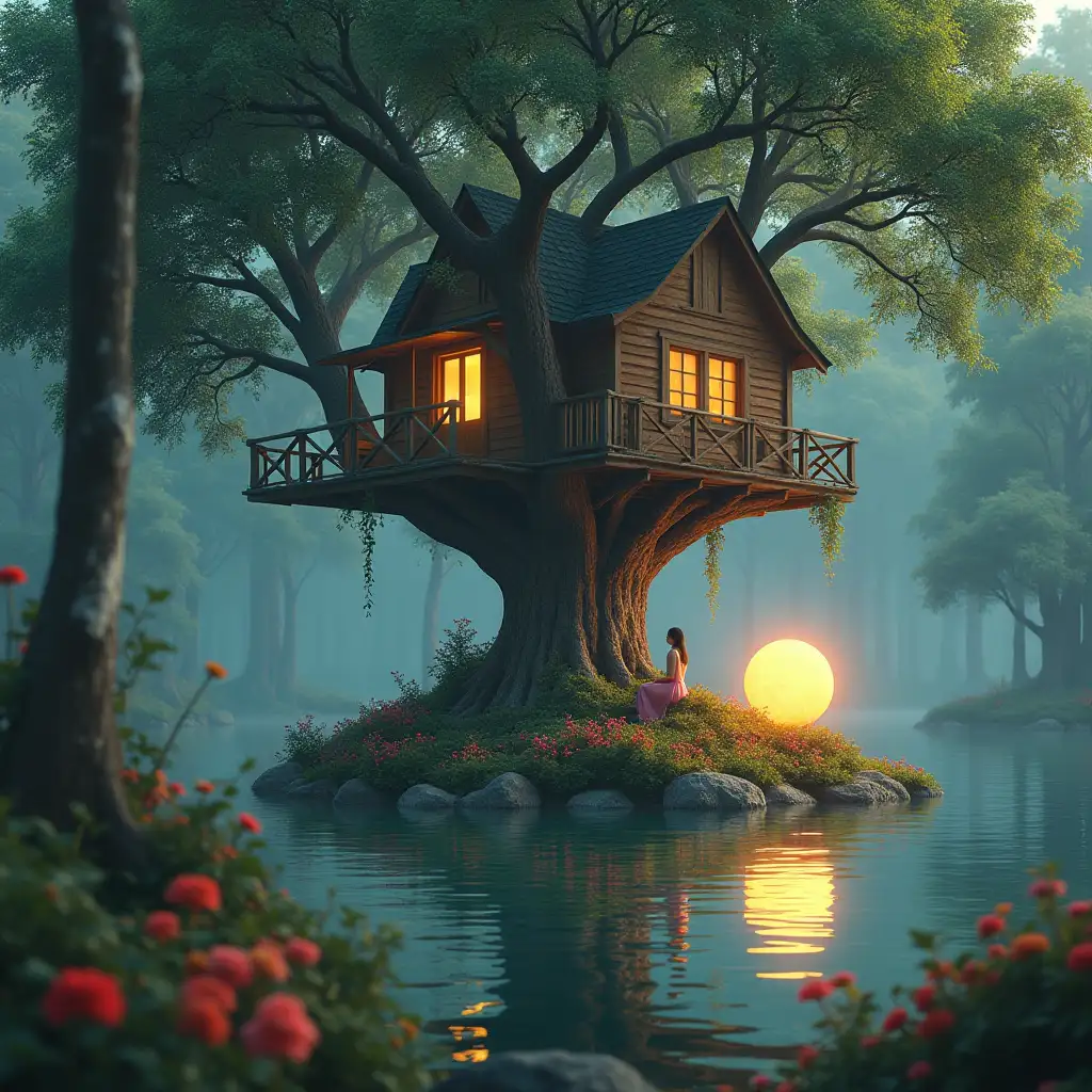 Ultradetailed hyperrealistic photo-realistic portrait of a woman sitting on a big tree with glowing ball in a dreamy lake with a big treehouse with many tall trees and many colorful flowers and colorful plants Texture, surfaces and lighting, to give depth, dimension and a vibrant photo-realistic appearance.