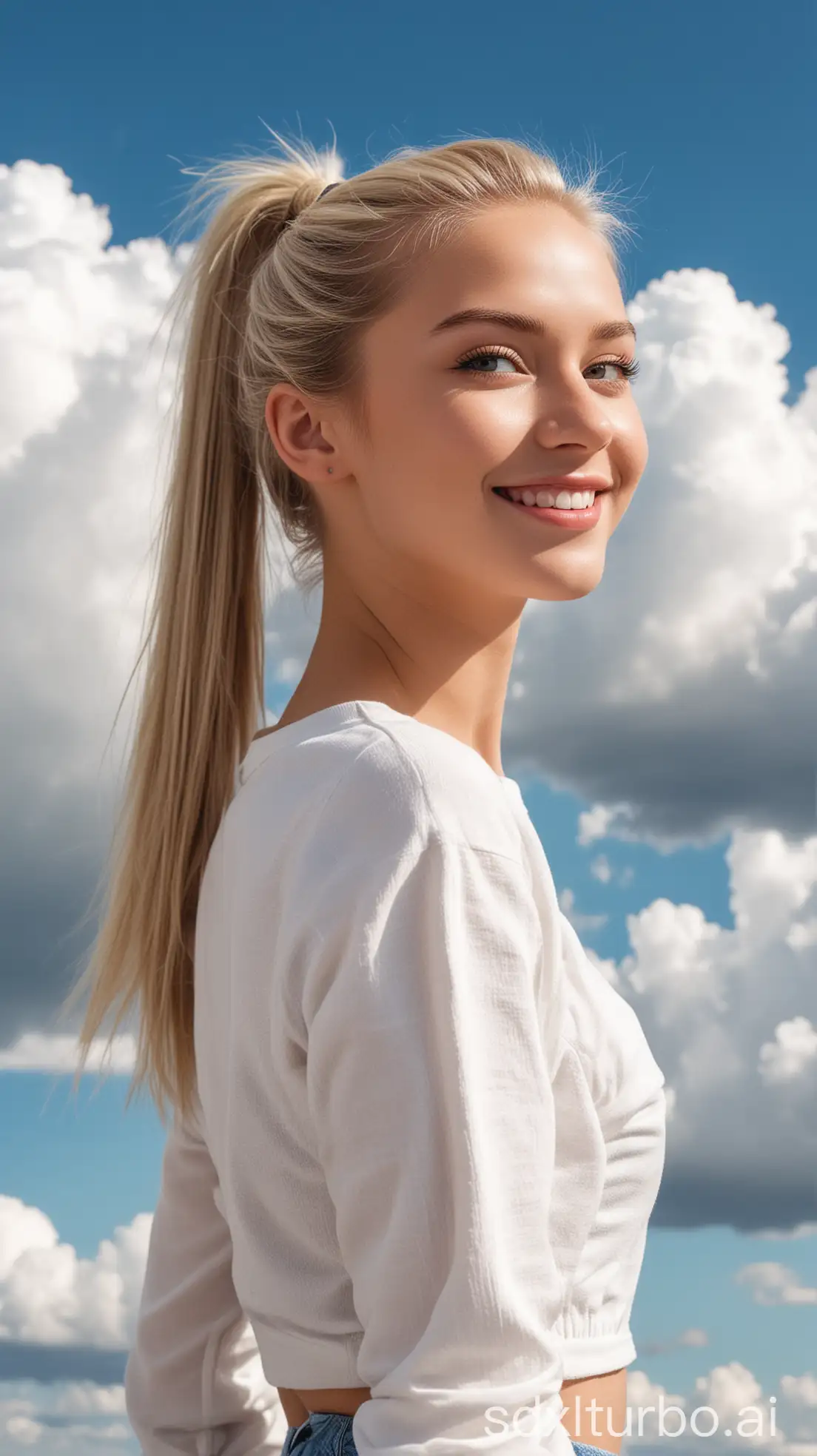 A slender blonde white-skinned model with a ponytail, posing and smiling with a sweet look, full body, blue sky and white clouds in the background