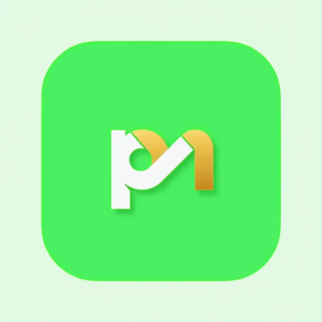 Create a logo with for the brand name Previc Multi-Links. The logo should a combination of letter P and letter M inter-twined in a professional way. The full name Previc Multi-Links written at the base. The logo colors should be a combination of white and gold colors. The background should be green with the color hex code of #00ff00