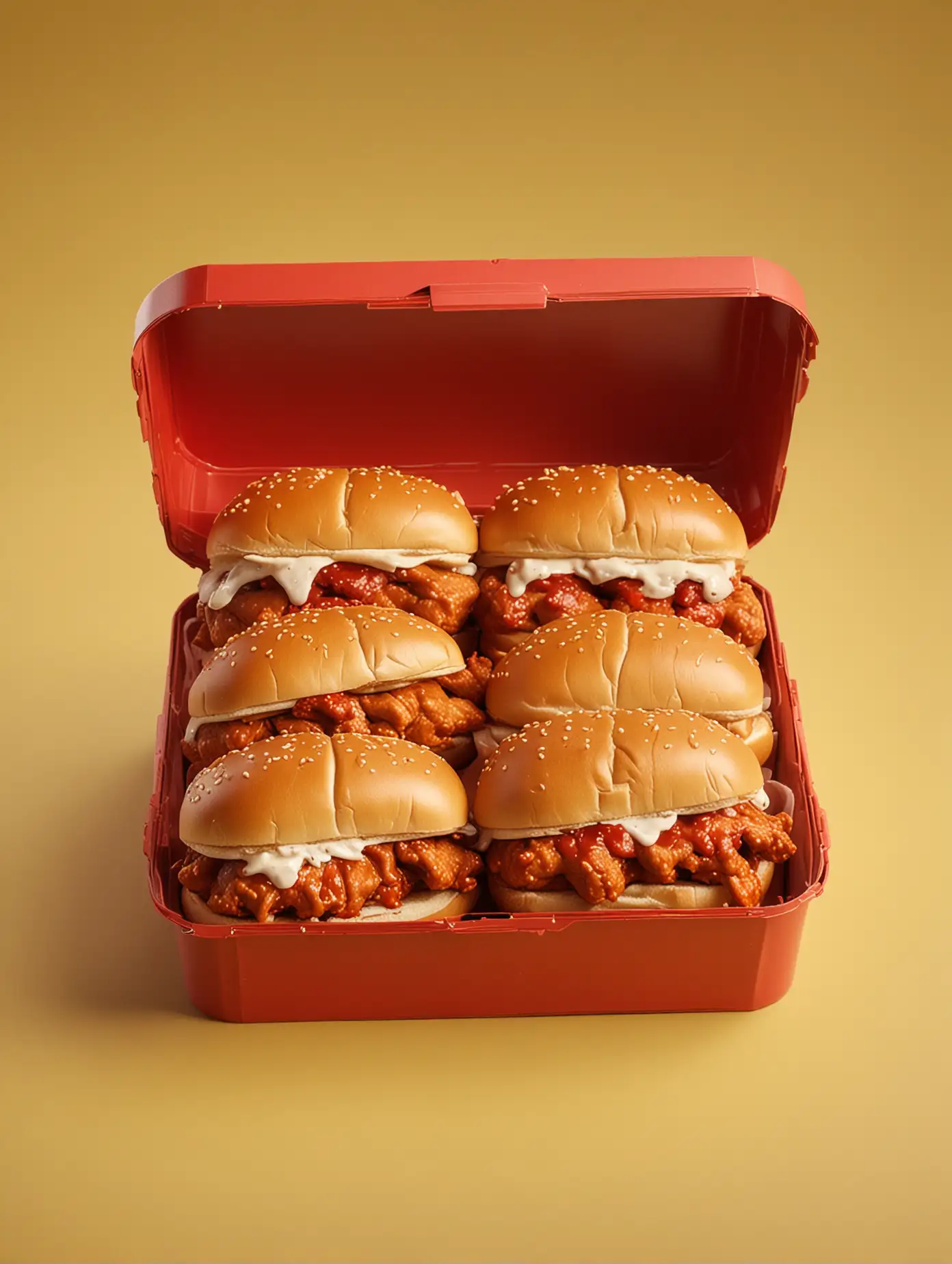 Red Box with 5 Hot Chicken Sandwiches on Yellow Background