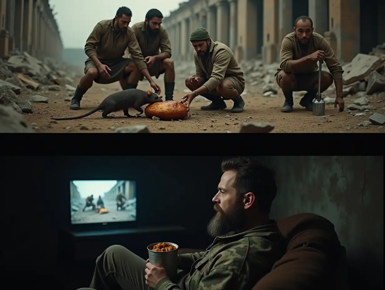 The image is divided into two parts horizontally. At the top, on the ground among ruins, a group of two men and three women in rags are fighting over a roasted rat. Below, from the bunker, a bearded man in camouflage sits on a couch, watching this scene with interest on the monitor screen above, eating stew from a can.