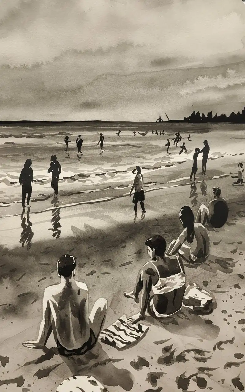 black and white watercolor painting  people enjoying the beach