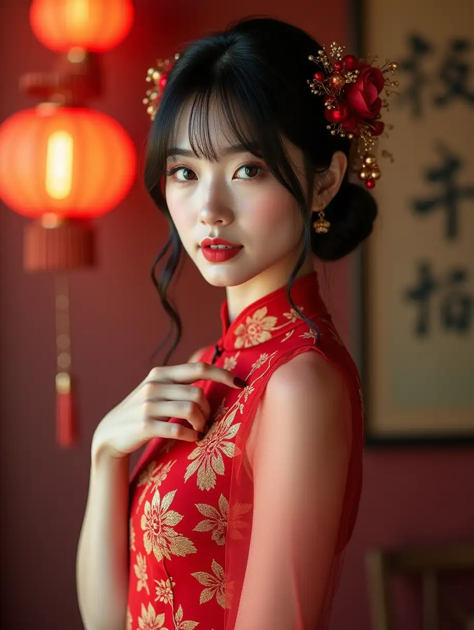 Gorgeous-Woman-in-Qipao-Posing-Playfully-for-a-Fashion-Photo-Shoot