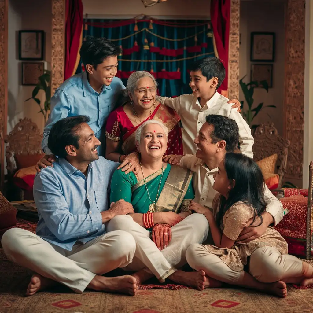 Happy Indian Family in Drawing Room with Children and Grandmother