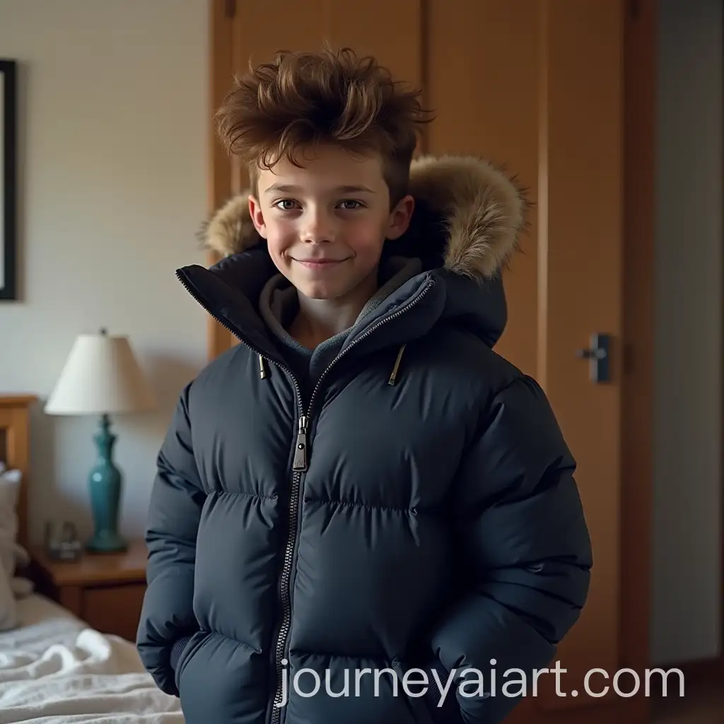 12YearOld-Boy-in-Puffy-Winter-Coat-with-Fur-Hood-in-Bedroom