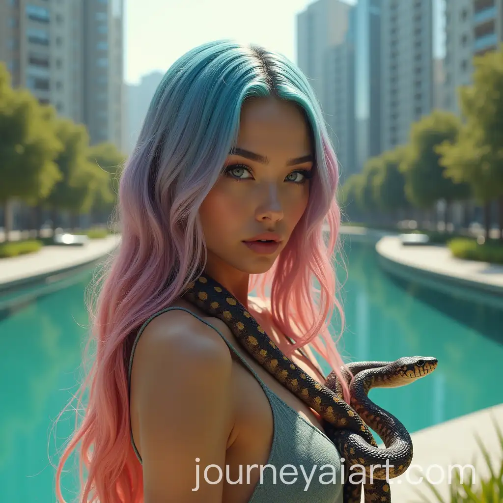 Portrait-of-a-Pale-Woman-with-Heterochromia-and-Her-Pet-Snake-in-a-Futuristic-City-Park