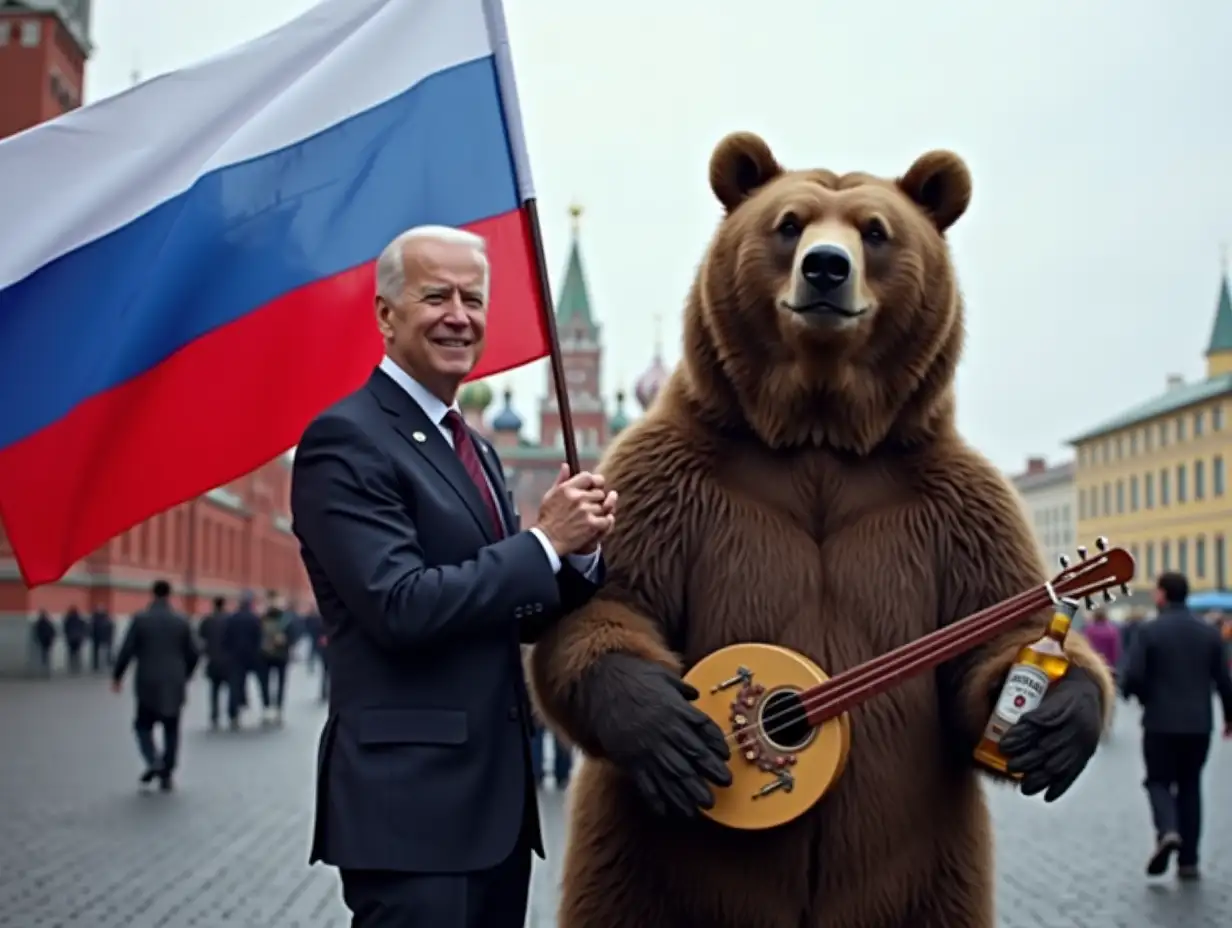 Joe Biden on Red Square, holding the Russian flag, and behind him is a bear standing on its hind legs, with a balalaika and a bottle of vodka in its front paws