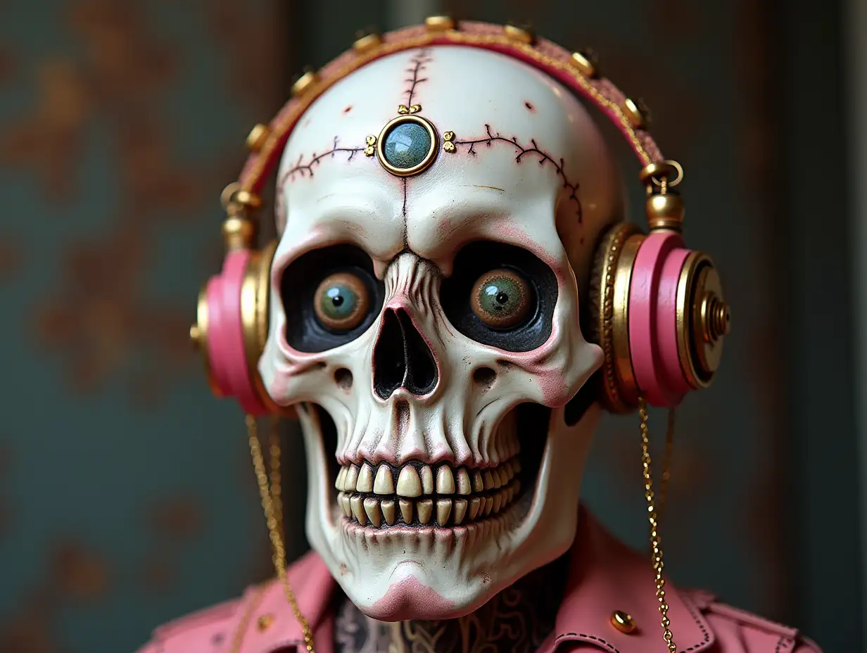 Cyber Totenkopf mit Kopfhörer with eyes, Porcelain and pink with golden ornaments Steampunk 100 mm Capture