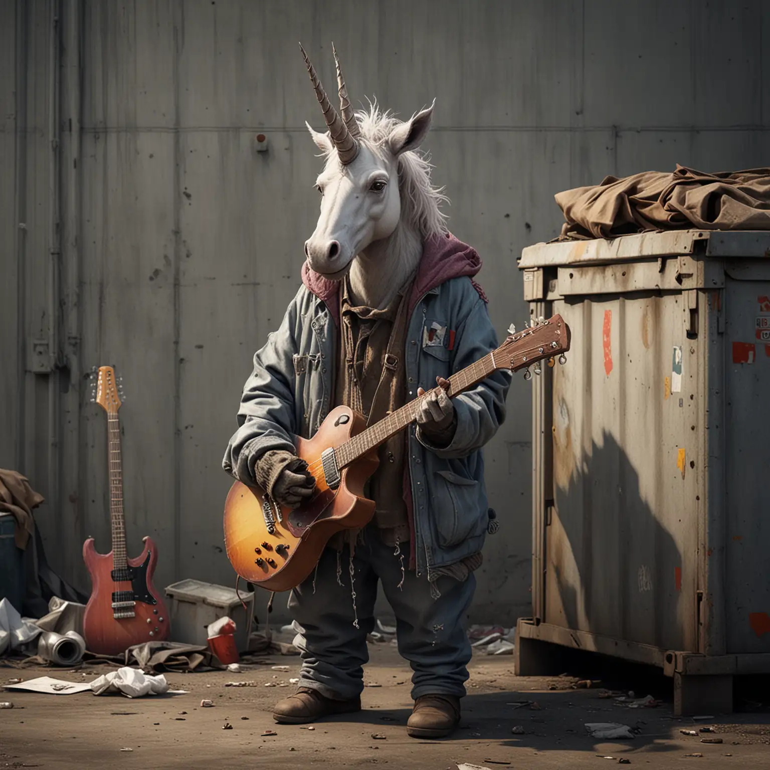 Anthropomorphic Unicorn in Hobo Clothes Playing Guitar Near Dumpster