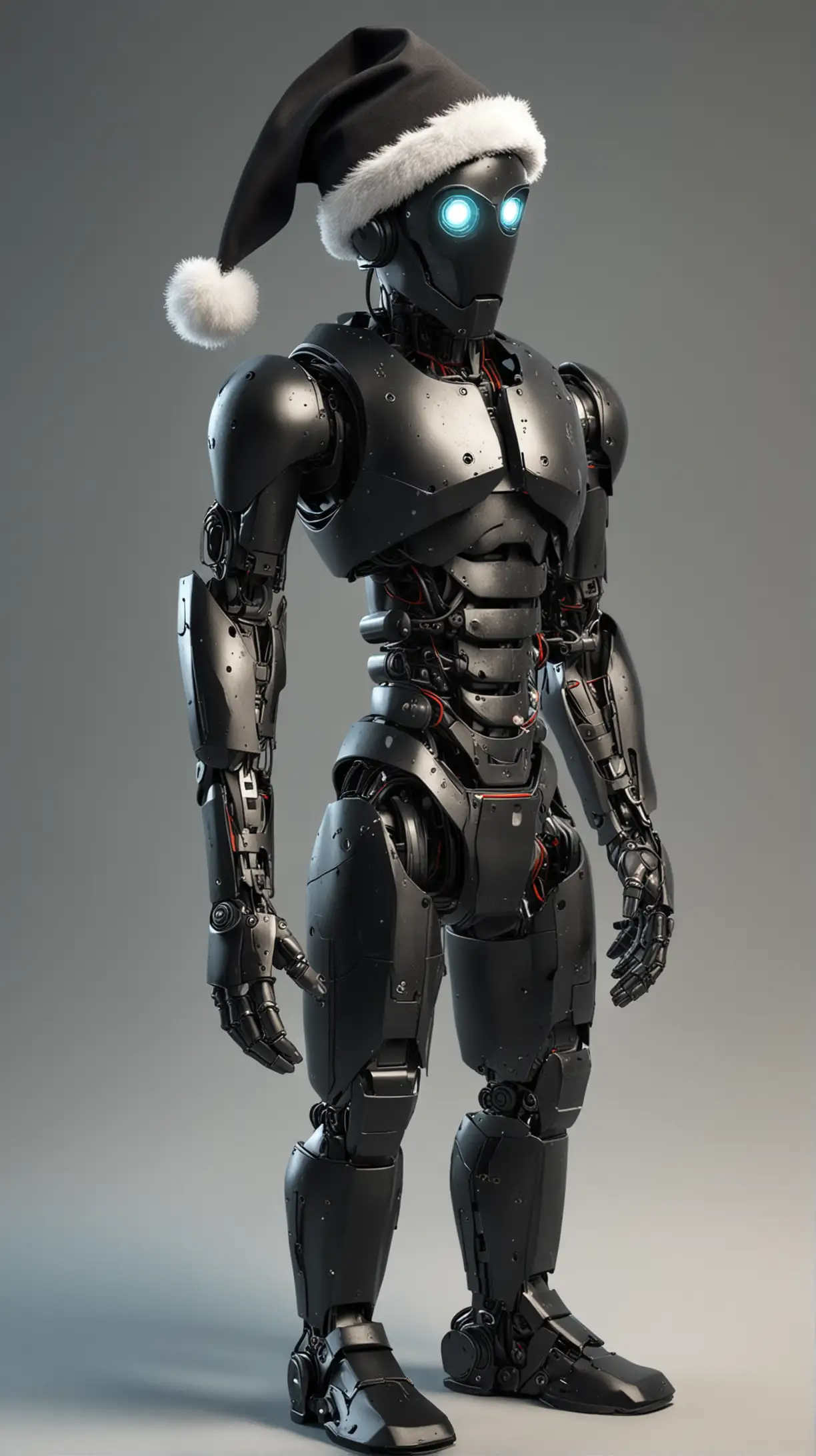 Futuristic Robot Wearing a Black Santa Hat