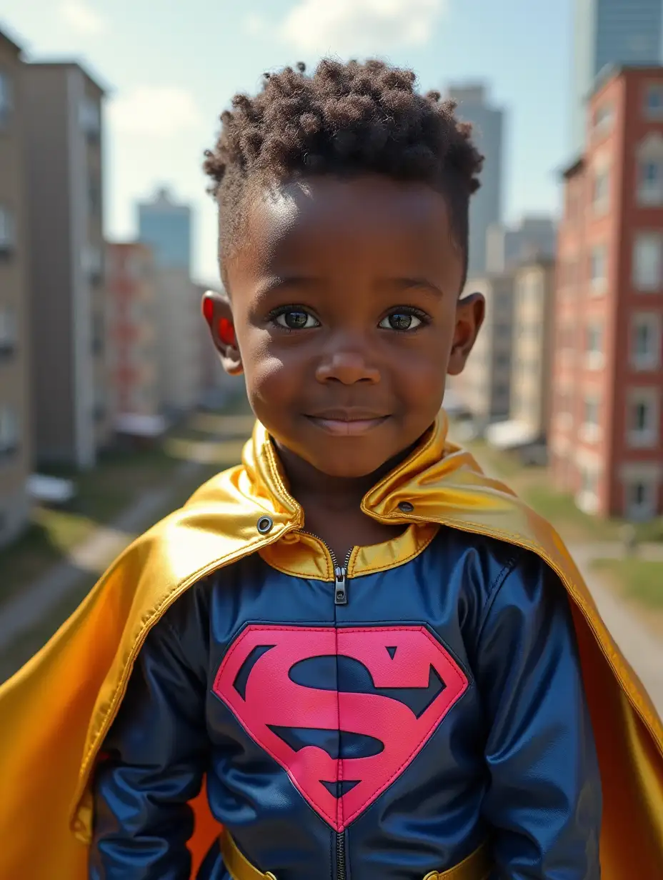 Little Black Boy Superhero in Gold and Pink Cape Against a Chaotic Cityscape