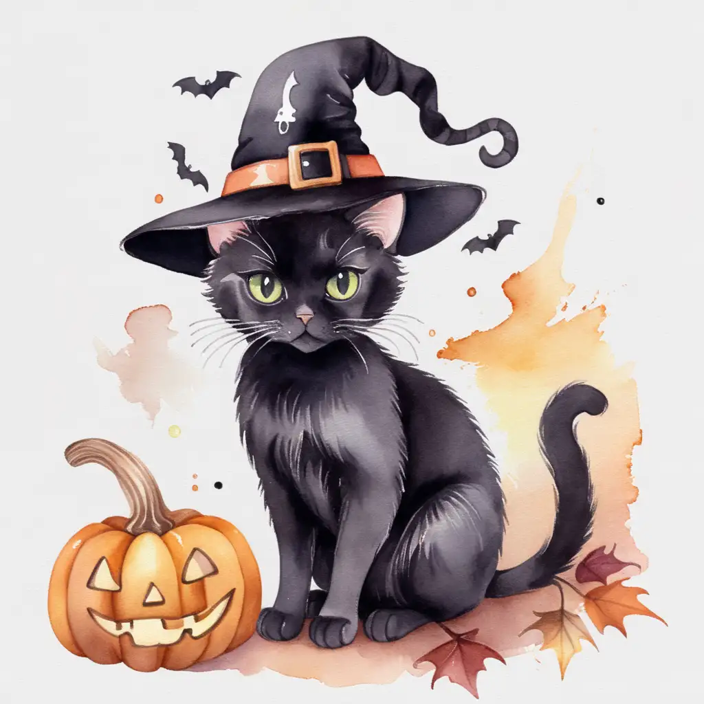 Cute Halloween Black Cat in Witch Hat Watercolor Art