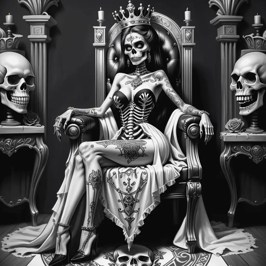 Chicano-Style-Tattoo-Sketch-Skull-Queen-in-Luxurious-Dress-with-Throne-and-Servant-Skeleton