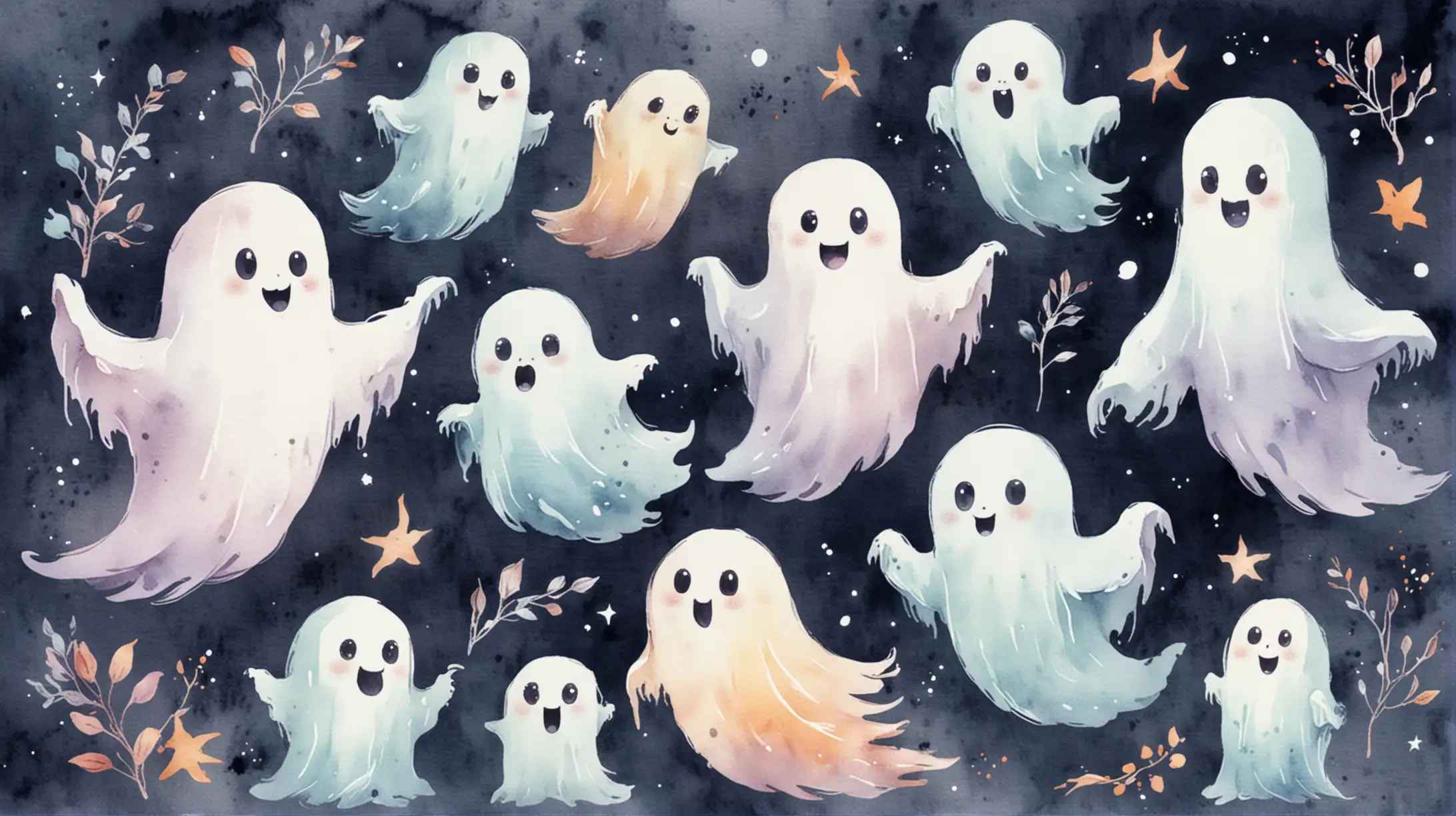 Adorable Watercolor Ghosts Floating in a Dreamy Scene