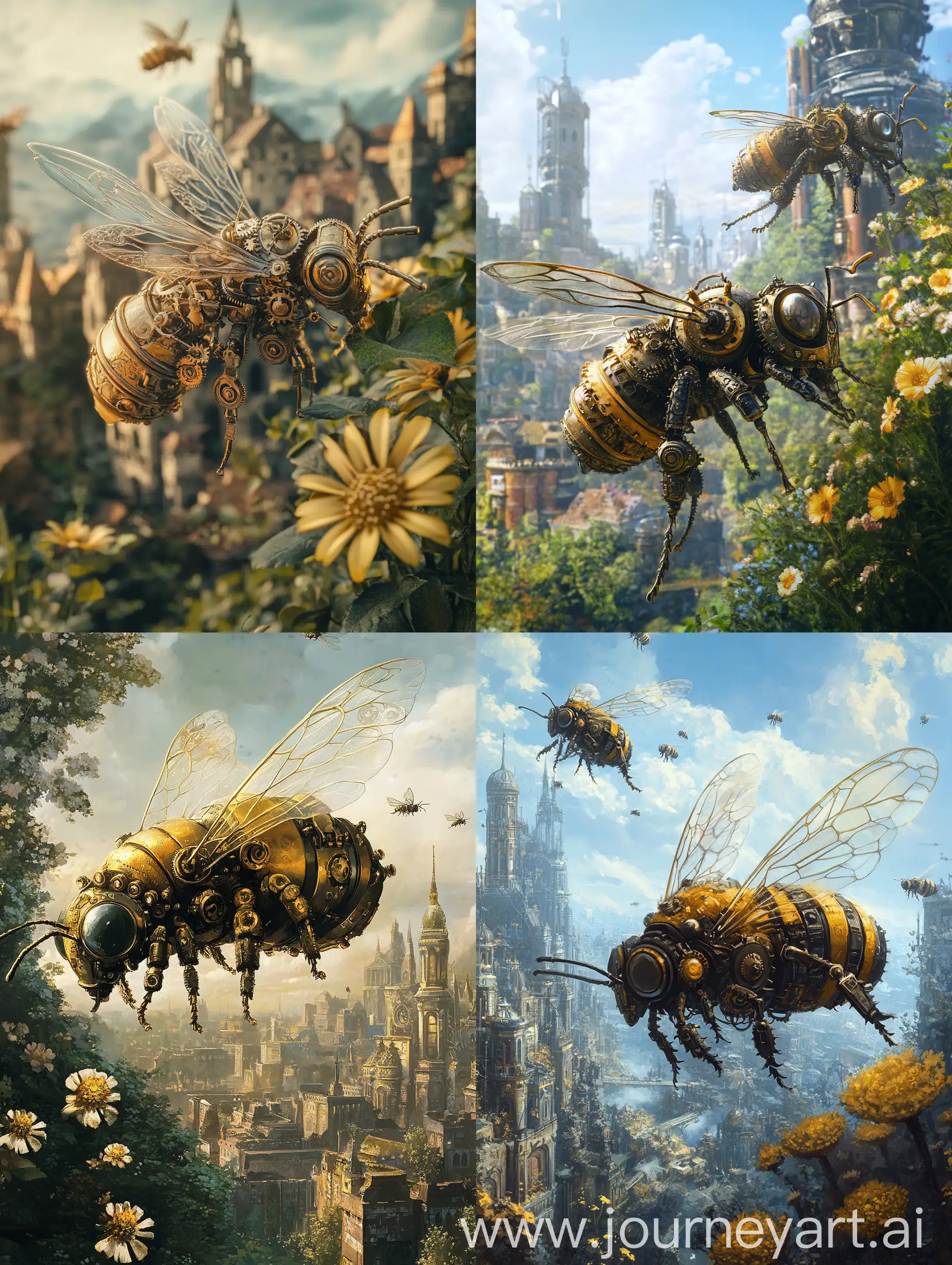 Steampunk-Bees-Collecting-Nectar-in-a-Medieval-City