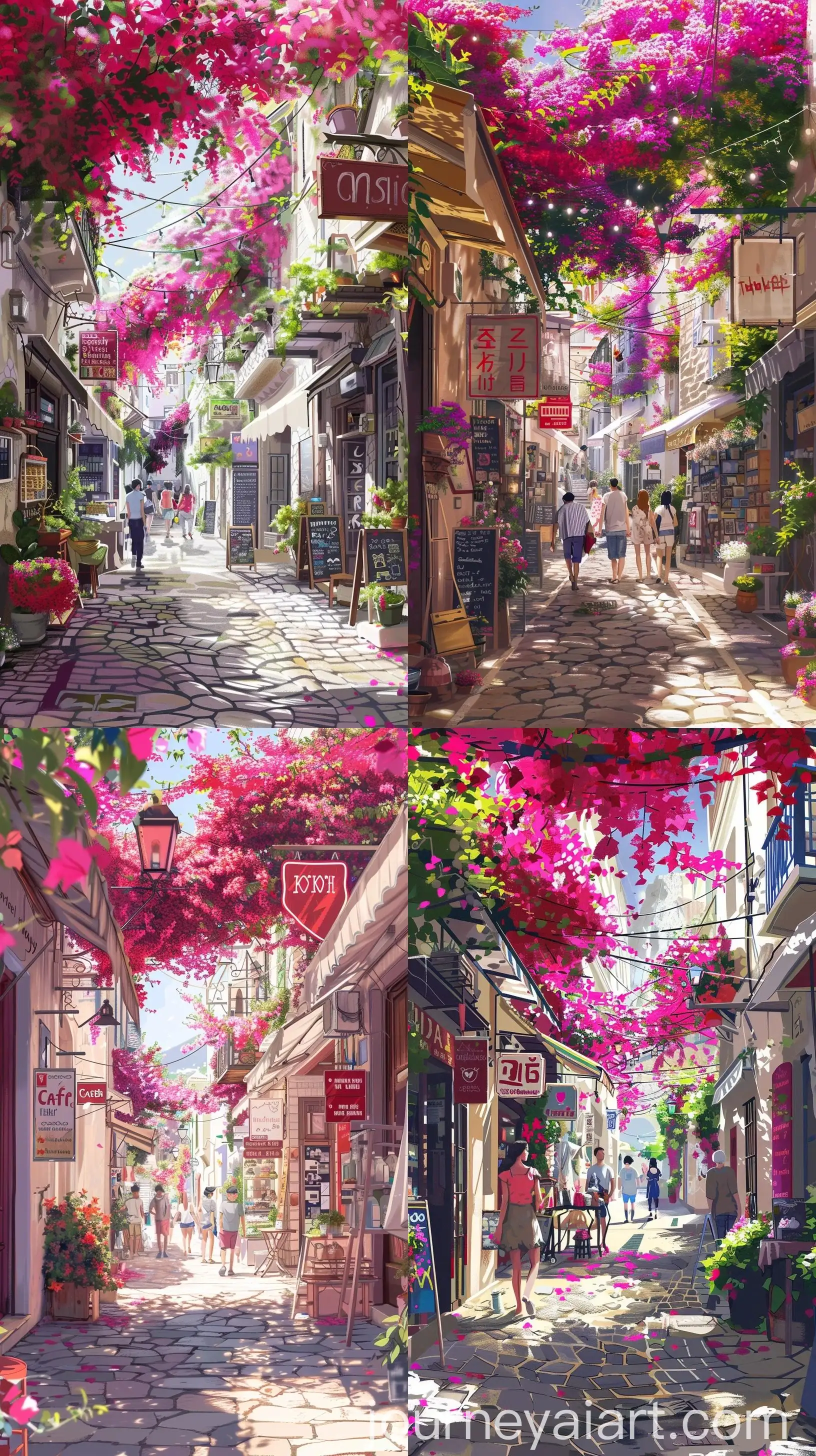 Vibrant-Mediterranean-Street-Scene-with-Blooming-Bougainvillea-and-Small-Shops