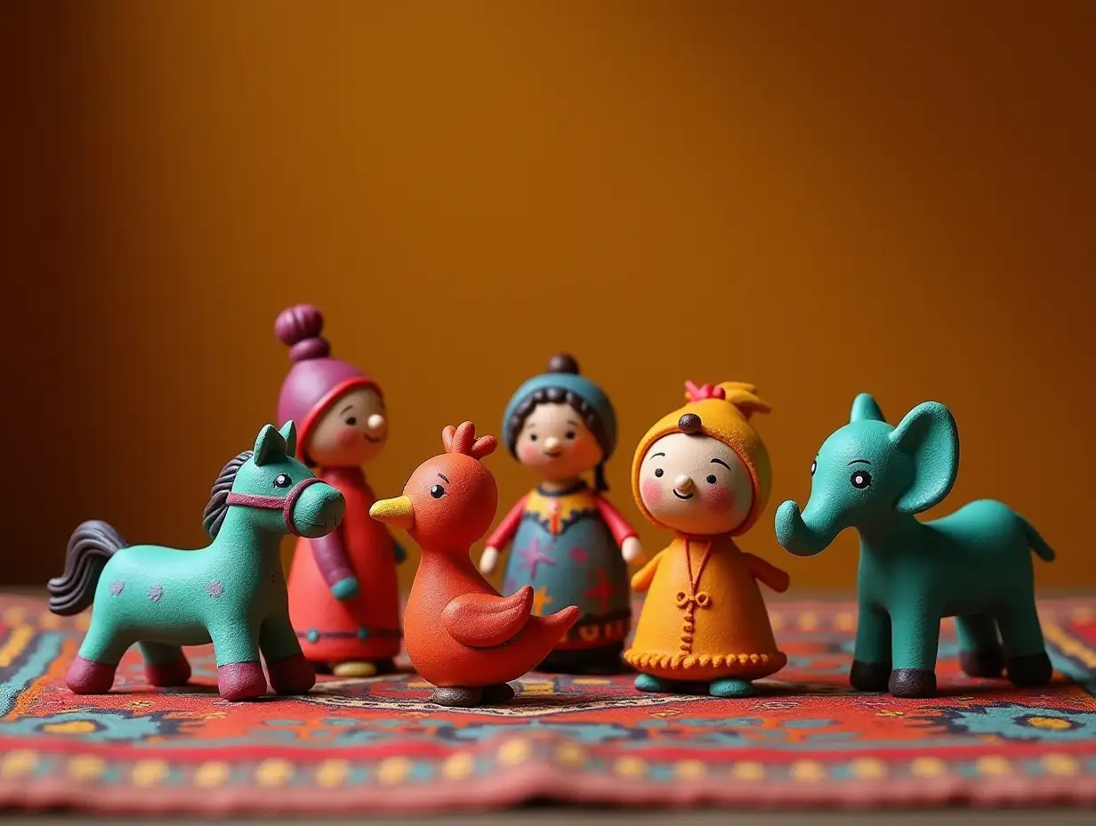 A colorful group of clay toys from Bangladesh, arranged on a traditional Bengali mat. The toys include a horse, a bird, a doll, and an elephant, each one unique and beautifully crafted. The background is a warm, earthy tone, with a few subtle shadows to give depth and texture, uhd, 128k,