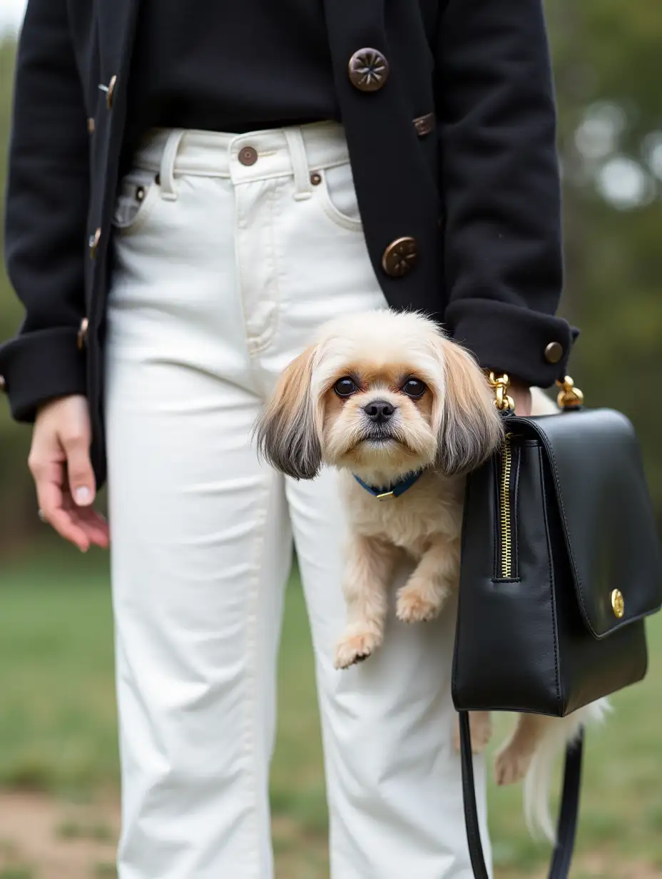 white jeans, black sweater, shih tzu dog, black bag