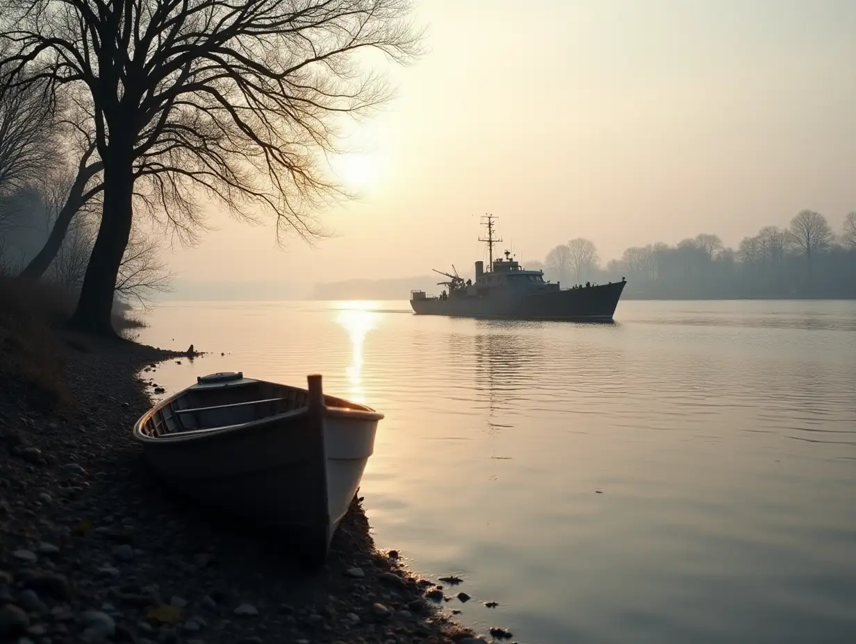 Germany 1945, Dawn, River Elbe, extremely wide river, left bank not visible, right bank, empty rowing boat without people lies on the shore, tree, large military boat in the middle of the river, soldiers on board, pointing gun at rowboat.