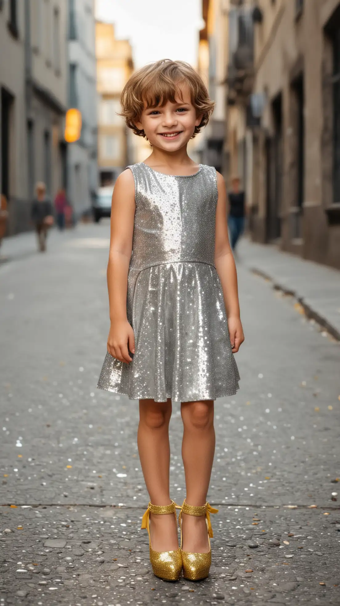 Young-Boy-in-Silver-Glitter-Dress-and-Yellow-High-Heels-Smiling-in-the-City