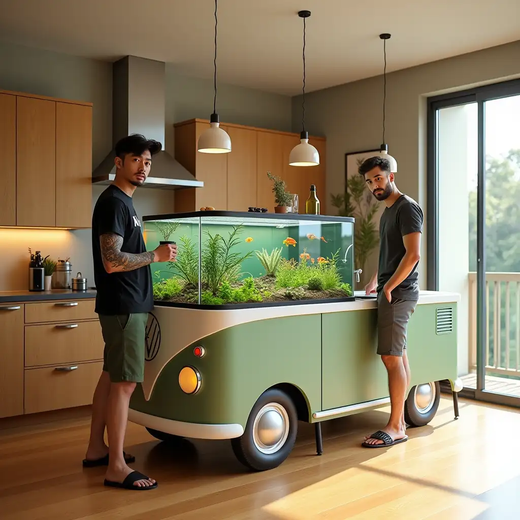 The image shows a modern kitchen with a large island in the center. The island has a unique design with a VW camper van-like body and a large fish tank in front of it. The fish tank is filled with colorful fish and plants, and there are two pendant lights hanging above it. On the island, there is a sink with a faucet and a vase with a plant. A Korean man has tattoos on his arms wear black 'NN' t-shirt, green shorts, flip flop, standing holding cup of black coffee at the kitchen. The kitchen has wooden cabinets and a stainless steel range hood. There is a large window on the right side of the image, allowing natural light to enter the space. The floor is made of hardwood, and the overall color scheme of the kitchen is warm lighting and inviting. Warm looking at the camera